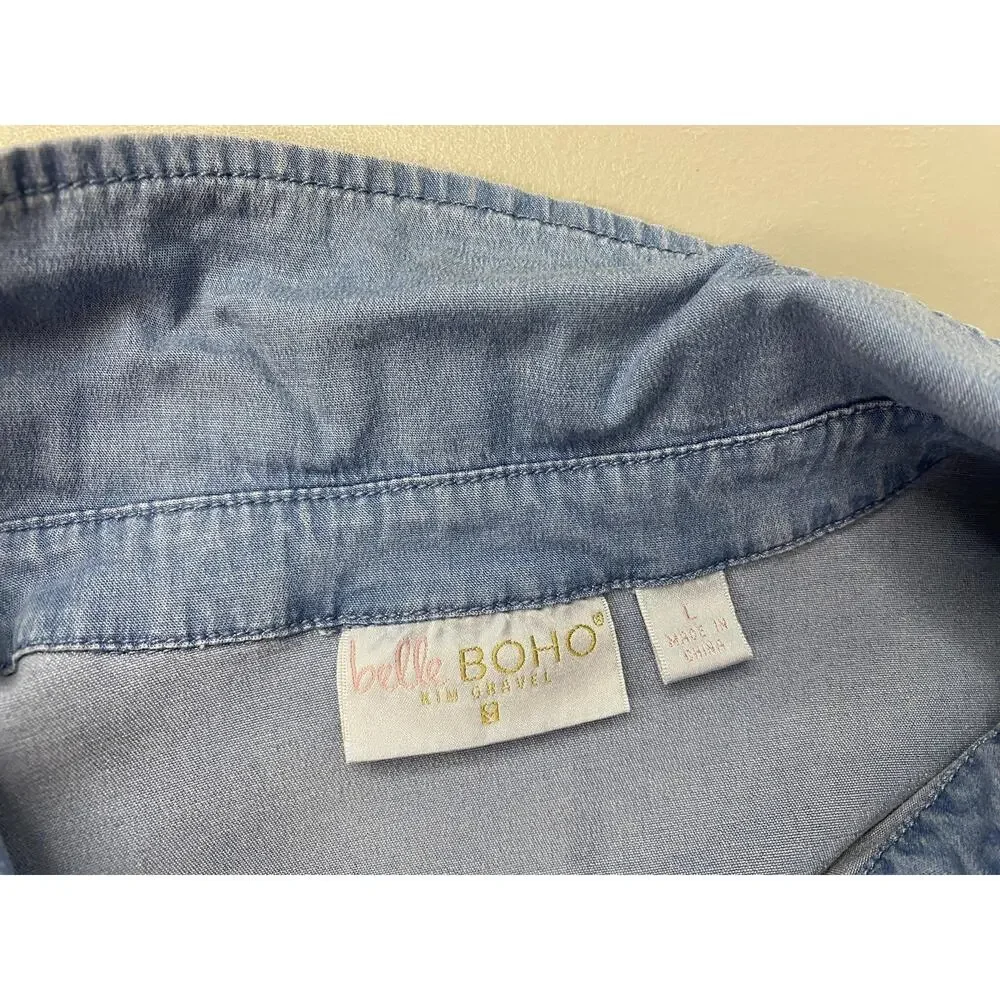 Belle BOHO Kim Gravel Chambray Dress Large Blue Denim Tiered Pockets Ruffle - Picture 12 of 13